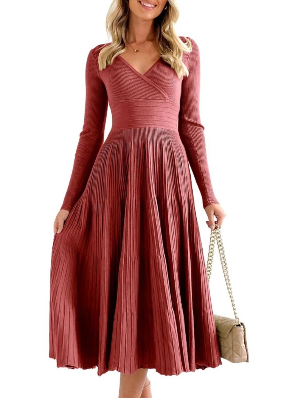 Chic Women's Long Sleeve V-Neck Midi Sweater Dress | Pleated Maxi Style